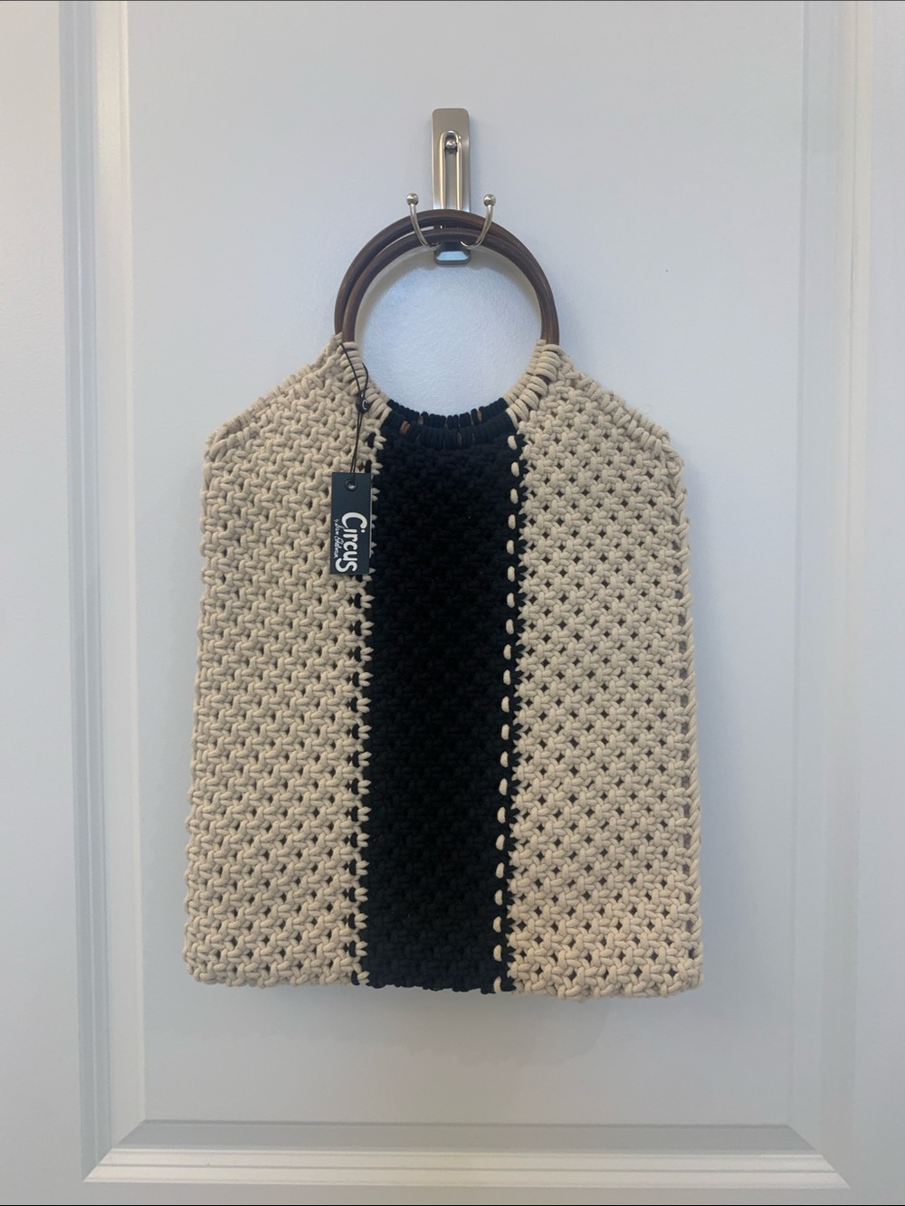 Circus by Sam Edelman Black & Cream Crochet Handbag with Wooden Handles